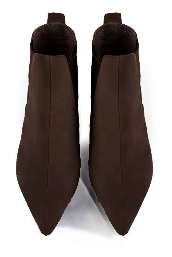 Dark brown women's ankle boots, with elastics. Pointed toe. Very high wedge heels. Top view - Florence KOOIJMAN